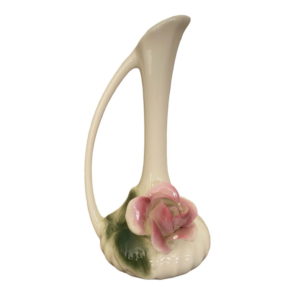 Vintage Off White Pitcher Bud Vase Ceramic Ewer Pink 3D Rose 7”